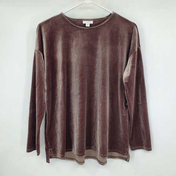 J. Jill Velour Brown Velvet Long Sleeved Women's Crewneck Fall Shirt Small - Picture 1 of 6